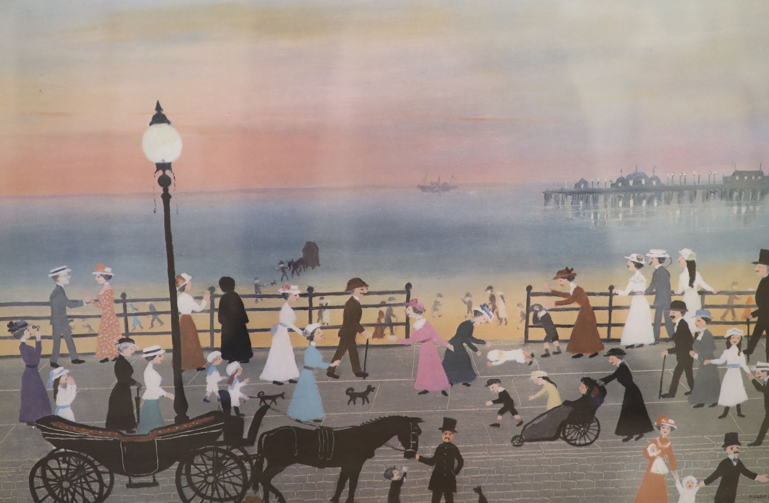 Helen Bradley, four signed prints, Blackpool Station and Blackpool Sands, both signed in pencil, overall 40 x 57cm and 48 x 62cm and Sunday Afternoon in Alexandra Park & Eveing on the Promenade.